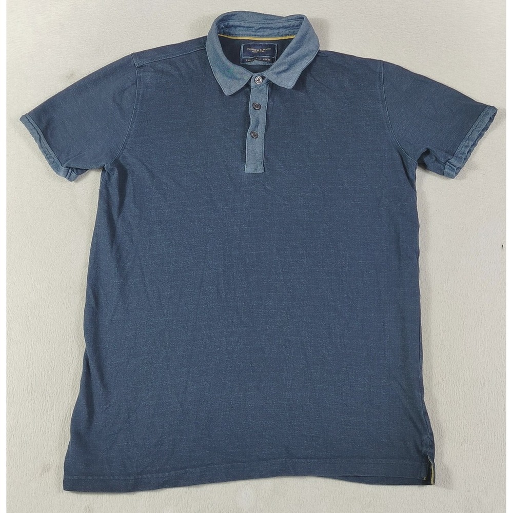 Denim & Flower Polo Shirt Mens Small Blue Solid Jersey Cotton Blend Casual